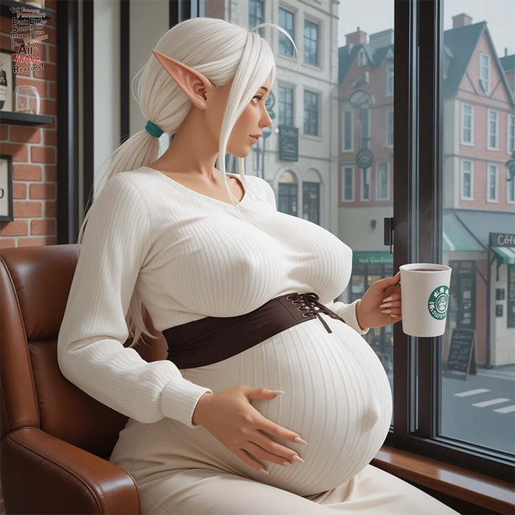 Lyria sitting in a comfortable chair by the window of the coffee shop, watching people walk by with their phones outside