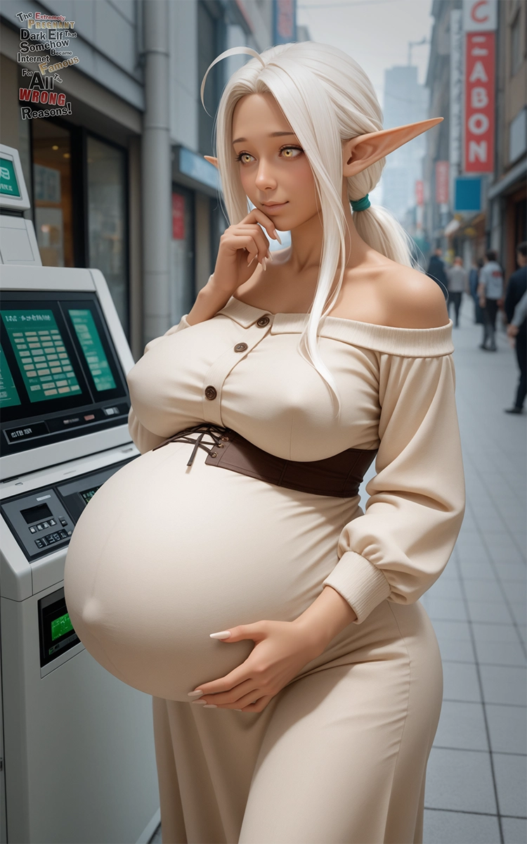 Lyria standing confused next to an ATM machine watching people use plastic cards to get money