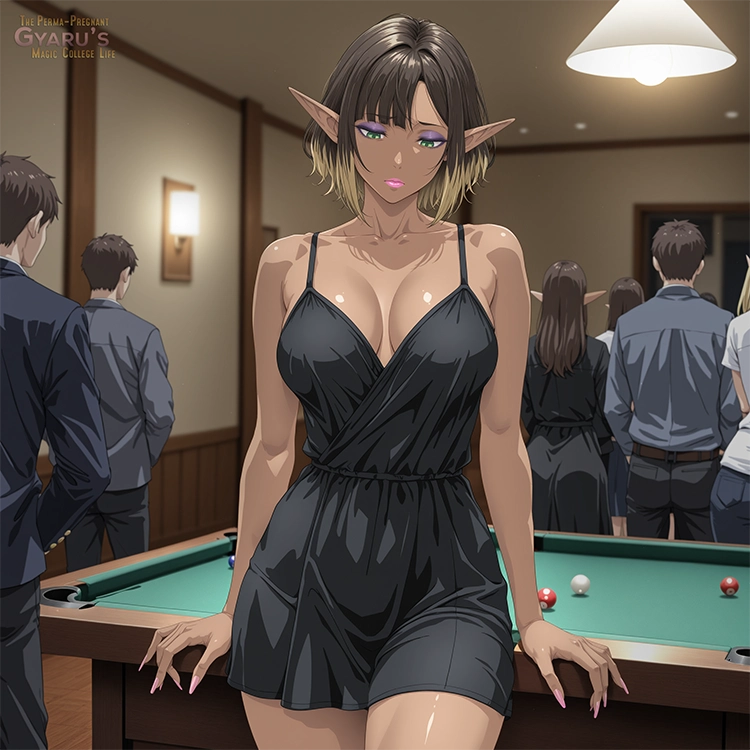Miyuki standing alone by the pool tables in her black dress