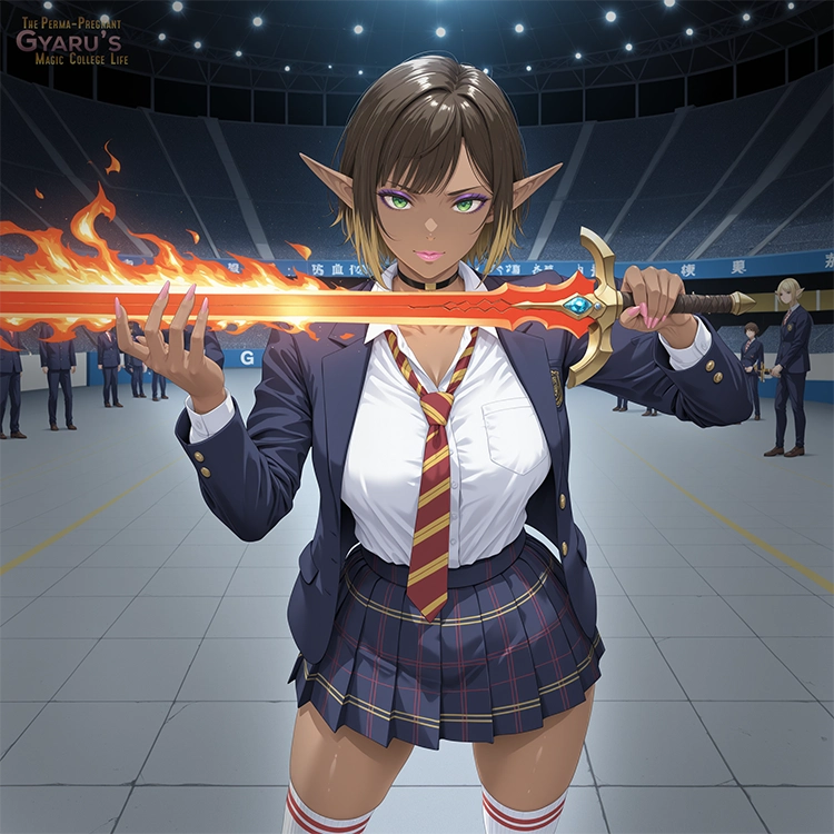 Miyuki demonstrating her sustained fire blade technique in the Fire Magic classroom