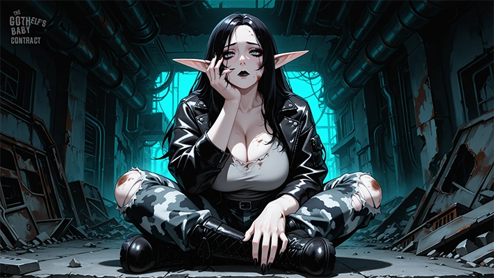 Nyx Ashborne, goth dark elf character, cyberpunk alley scene from dystopian fantasy light novel